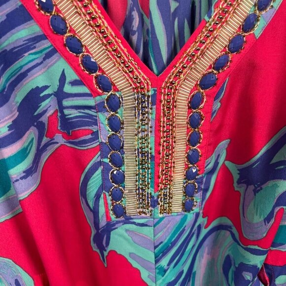 Lilly Pulitzer Wilda Caftan Dress Size Small Pink Sway Beaded Tropical Vacation - Picture 6 of 12